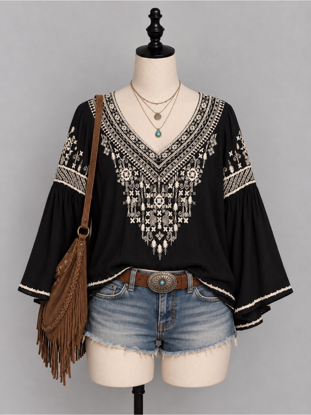 Boho Chic Embroidered Black Women's Top